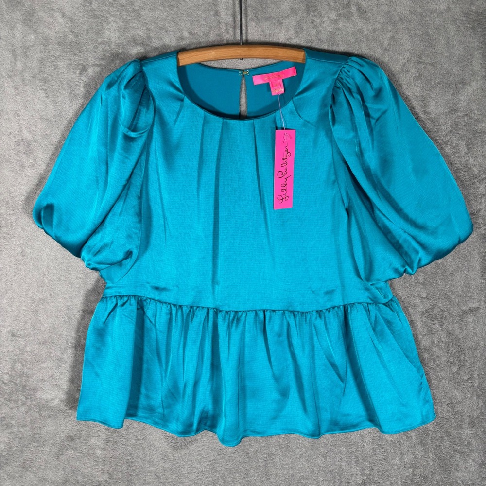 Lilly Pulitzer Blakelynn Elbow Sleeve Peplum Top Blue Rhapsody 013741 Sz 8 NEW